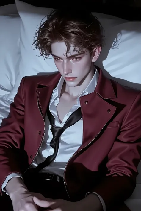 First person point of view, A handsome young man with short brunette hair, hazel eyes, On the bed, Sit-up position, wearing: The upper part of the outfit consists of a sharp mix of rugged and refined elements: a royale maroon suede wrinkled zip-up jacket l...