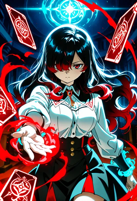 1girl, Kuroki Monika, red eyes, gradient hair, black hair, red hair, long hair, asymmetrical hairline, hair over right eye, medium breasts, black skirt, white shirt,black wizard sacarf,magic card,blue magic effect,fancy golden palace
cinematic angle, deta...