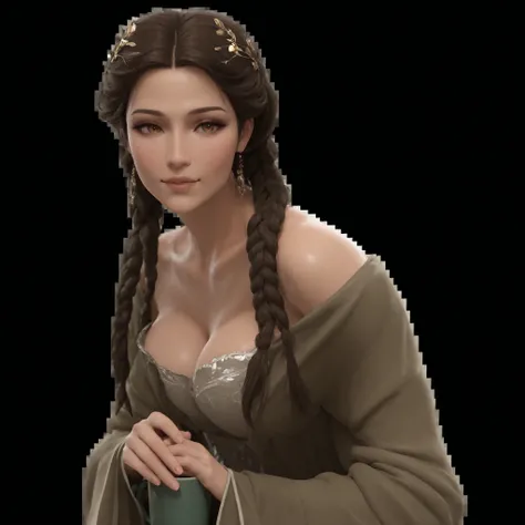 Front view of a woman，Extra large cup， are perfectly detailed，has exquisite facial features， Clothes are exquisite ，forest background， Game Character Design ，3D Rendering
