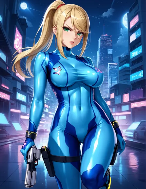 masterpiece, best quality, integrated scenery, integrated background, extremely delicate and beautiful, meticulous details, good composition, , cute face, perfect face, perfect hands,  1girl, Samus Aran (\Metroid\) very_young_1teen,solo, ponytail, blond ha...