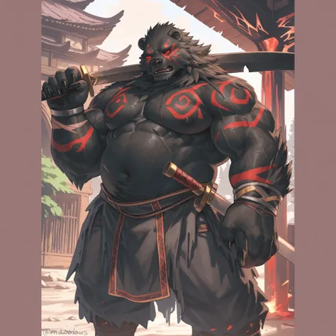 male adult black bear beastman, extremely muscular build, hypermasculine physique, powerful limbs, broad chest with defined pectoral muscles, rounded bear-like belly, battle-worn warrior, primitive/medieval fantasy setting, minimal clothing (only tattered ...