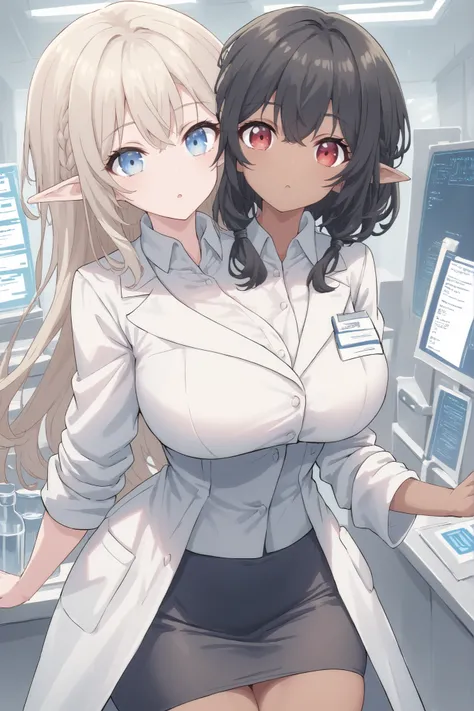 2heads, twoheads, a tall thin girl with 2 heads, white hair, black hair, blue eyes, red eyes, elf ears, half dark skin and light beige skin, two tone skin, light beige skin, dark skin, white shirt, lab coat, black pencil skirt, black skirt, large breasts, ...