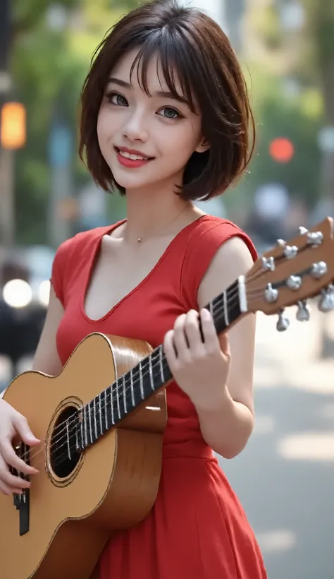 Here’s a refined prompt you can use for creating the described image:
"Hyper-realistic, highly detailed close-up shot of a beautiful girl singing while holding a guitar, standing in a serene jungle lake background. The girl is wearing a vibrant red hot dr...