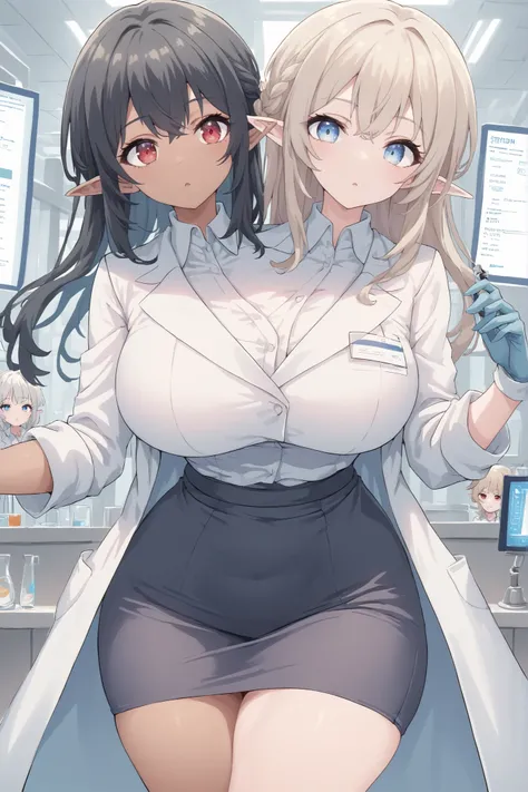 2heads, twoheads, a tall thin girl with 2 heads, white hair, black hair, blue eyes, red eyes, elf ears, half dark skin and light beige skin, two tone skin, light beige skin, dark skin, white shirt, lab coat, black pencil skirt, black skirt, large breasts, ...