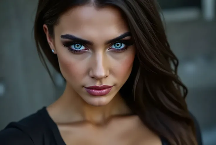 close up image of woman looking directly and intensely into the camera, her head slightly tilted down, intimidating, mischievous little smirk, piercing eyes, concrete background