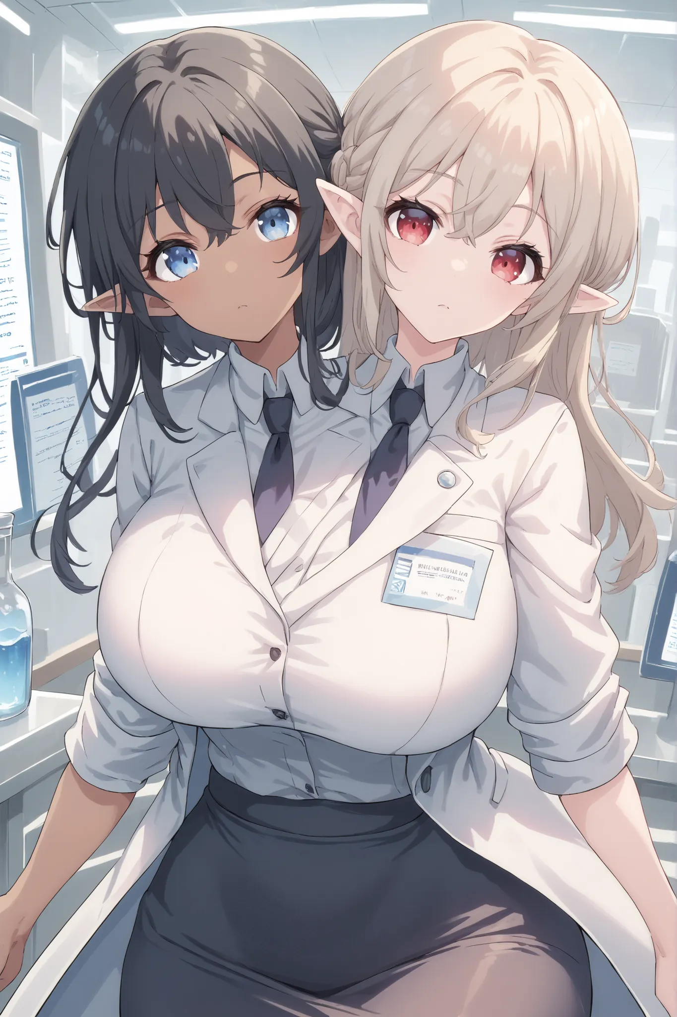 2heads, twoheads, a tall thin girl with 2 heads, white hair, black hair, blue eyes, red eyes, elf ears, half dark skin and light beige skin, two tone skin, light beige skin, dark skin, white shirt, lab coat, black pencil skirt, black skirt, large breasts, ...