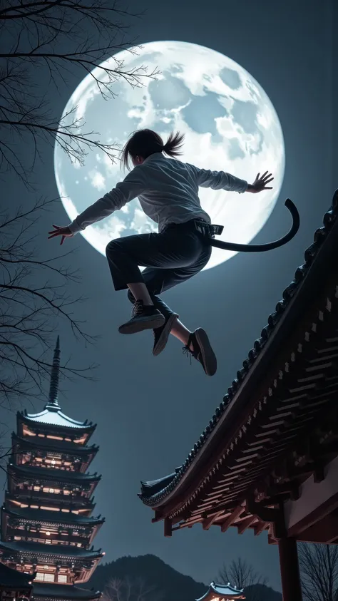 『Cat』parkour with a forked tail:with amazing jumping power and sense of balance。light『Cat』Women、in Koto Prompt、is flying between temples and shrines like parkour。That movement is like a shadow。style:ink painting style action、dynamic composition、Silence and...