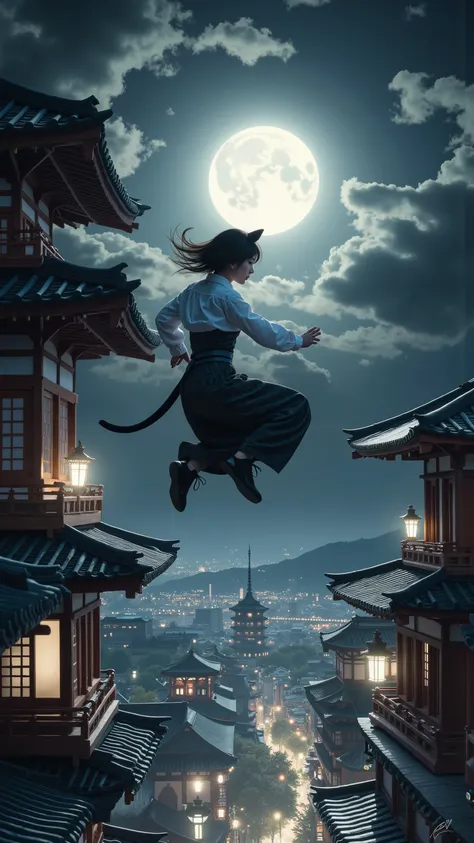 『Cat』parkour with a forked tail:with amazing jumping power and sense of balance。light『Cat』Women、in Koto Prompt、is flying between temples and shrines like parkour。That movement is like a shadow。style:ink painting style action、dynamic composition、Silence and...