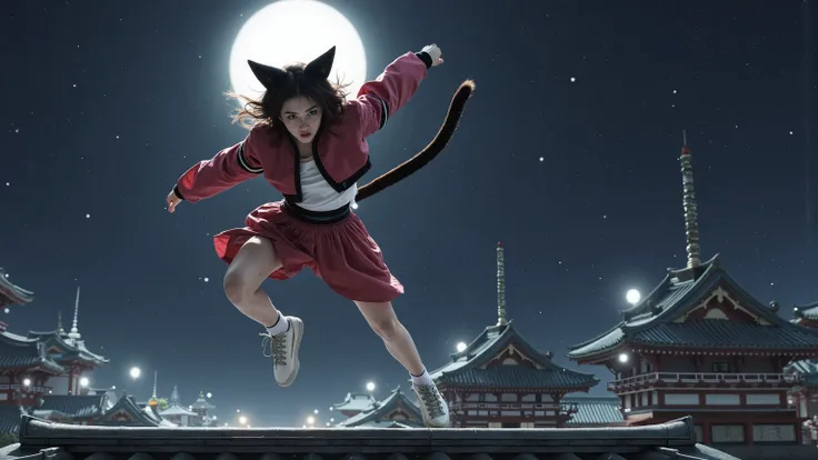 『Cat』parkour with a forked tail:with amazing jumping power and sense of balance。light『Cat』Women、in Koto Prompt、is flying between temples and shrines like parkour。That movement is like a shadow。style:ink painting style action、dynamic composition、Silence and...