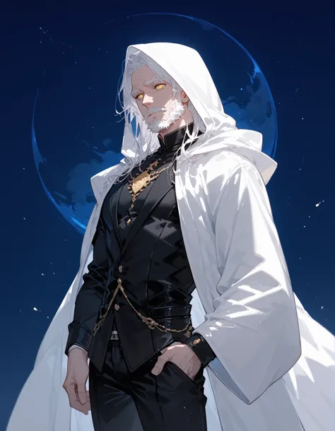 Alone ,man,white hair,in yellow eyes,Wearing a White Hood,White Long Robe,Black suit,Black long pants ,night sky background, empty eyes,Old man,Have a beard,slim,