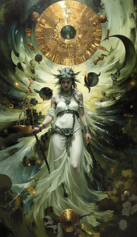 A powerful female figure emerges as the central embodiment of metaphysics and justice, surrounded by intricate astronomical symbols. She stands amidst a tempest, strong winds violently rocking the golden imperial scales she holds, their balance distorted b...