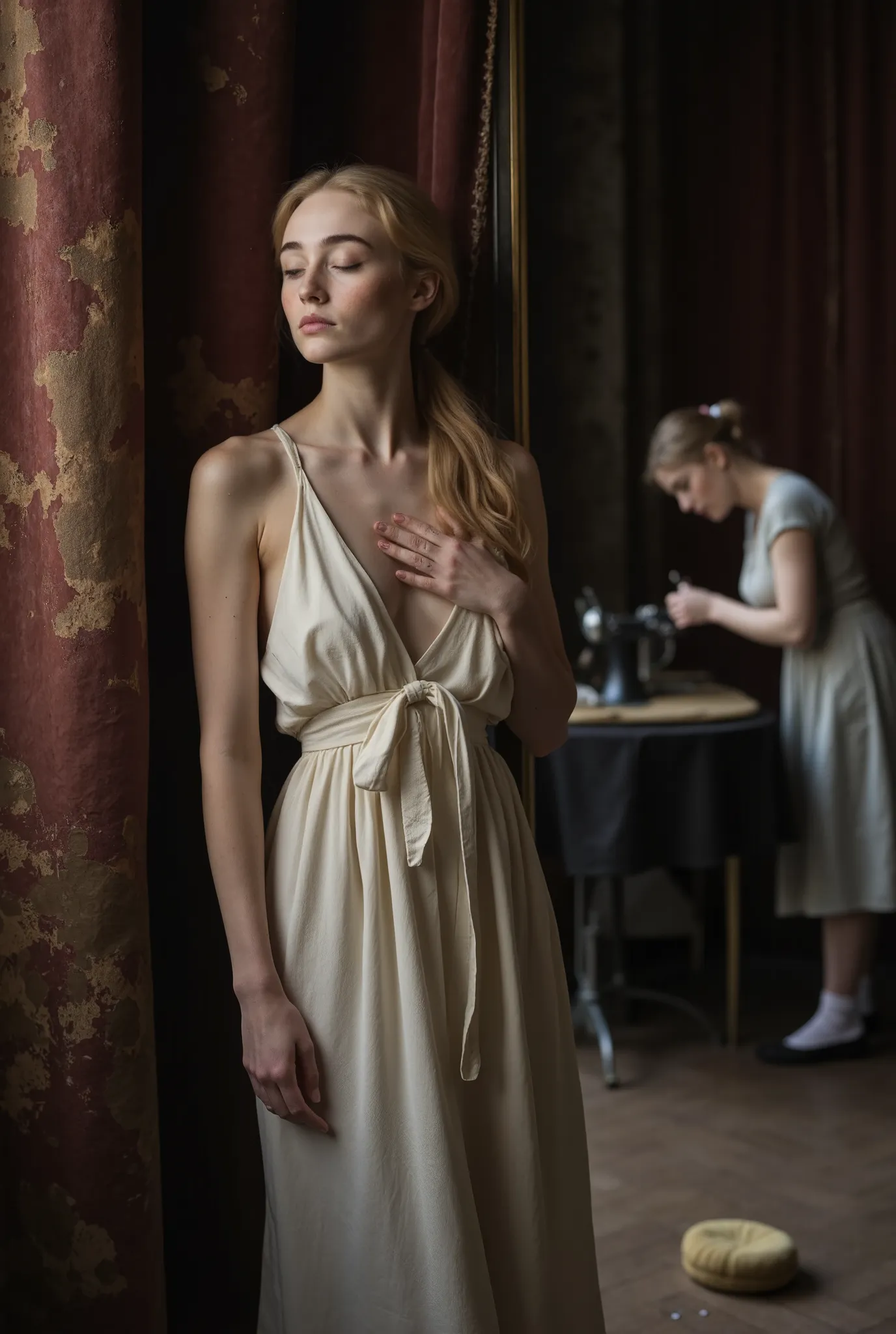 “Haunting backstage scene in antique theater.Bridgete Amore, tall, young woman, 22 years old, with rounded shoulders, lanky, Her skin is pale with freckles, Long light strawberry blonde hair , cascading past shoulders leans against a worn velvet wall, eyes...