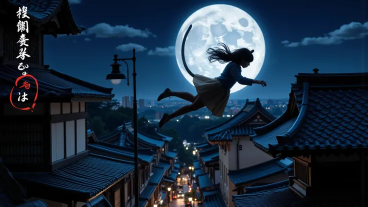 『Cat』parkour with a forked tail:with amazing jumping power and sense of balance。lightweight with a forked tail『Cat』Women、in Koto Prompt、is flying between temples and shrines like parkour。That movement is like a shadow。style:ink painting style action、dynami...