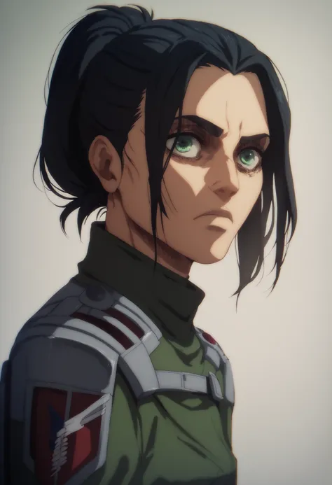 A girl character from attack on titans, long black hair, wavy ponytail, green eyes, gorgeous face. Soldier clothes, kind