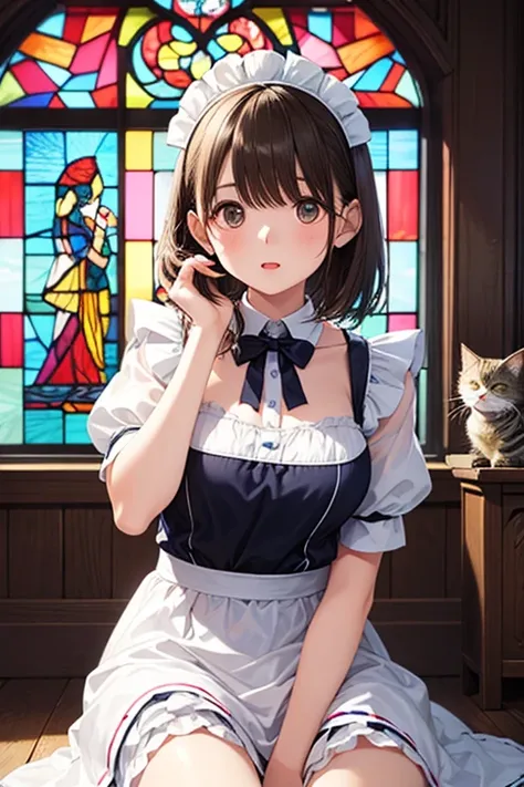  1 girl on break day、solo、 simple maid clothes、4 heads、There is an American Shorthair Cat、Expressed with vintage etching。beautiful colorful stained glass、, ,, ,,
、、 、 、
