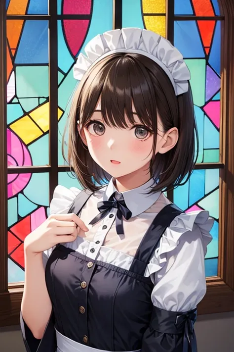  1 girl on break day、solo、 simple maid clothes、4 heads、There is an American Shorthair Cat、Expressed with vintage etching。beautiful colorful stained glass、, ,, ,,
、、 、 、
