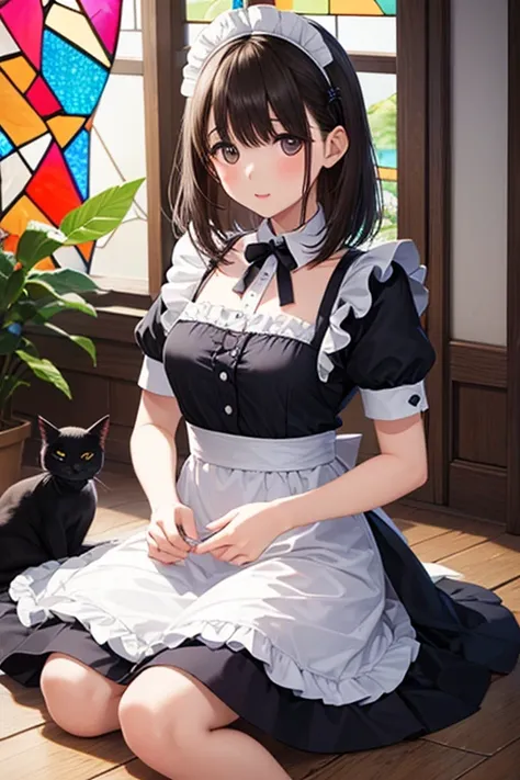  1 girl on break day、solo、 simple maid clothes、There is a black cat、Expressed with vintage etching。beautiful colorful stained glass、, ,, ,,
、、 、 、
