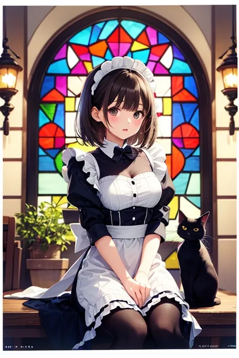  1 girl on break day、solo、 simple maid clothes、There is a black cat、Expressed with vintage etching。beautiful colorful stained glass、, ,, ,,
、、 、 、
