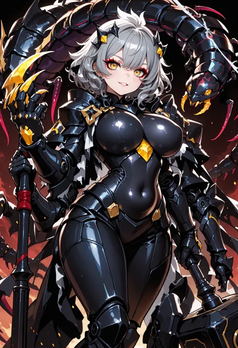 Light armor woman. Grey hair. Short bob hair. Wavy hair. Spiky hair accessory. Yellow eyes. Spider web eyeshadow. Black armor. Spiky. Scorpion motif armor. Large breasts. Belly button. Holding a weapon. Large hammer. Weapon hammer. Sharp claws. Armored arm...