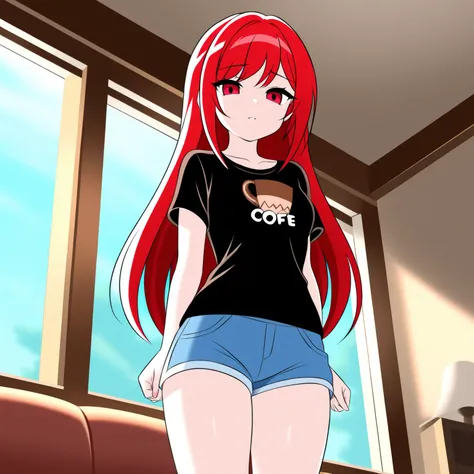 beauty Married Woman 0 red hair long hair charming glamour T-shirt shorts from below dusk sexy sad expression living room Rain outside the window hot coffee Mugs
