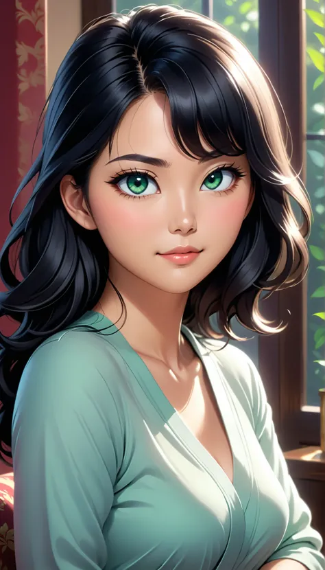 very detailed, ultra-realistic digital illustration of a beautiful young Asian woman, from the waist up, is set in a calm and peaceful environment. Perfect porcelain-like skin shines gently with a natural blush. expressive emerald green eyes, Expressive da...