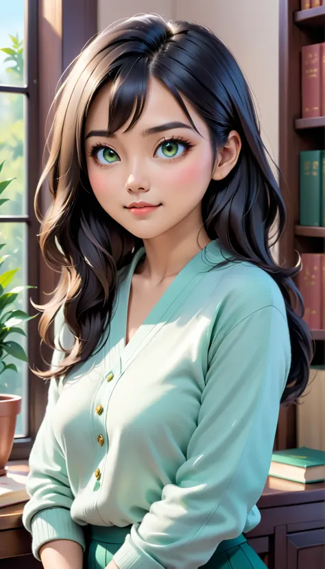 very detailed, ultra-realistic digital illustration of a beautiful young Asian woman, from the waist up, is set in a calm and peaceful environment. Perfect porcelain-like skin shines gently with a natural blush. expressive emerald green eyes, Expressive da...