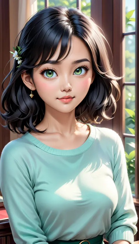 very detailed, ultra-realistic digital illustration of a beautiful young Asian woman, from the waist up, is set in a calm and peaceful environment. Perfect porcelain-like skin shines gently with a natural blush. expressive emerald green eyes, Expressive da...