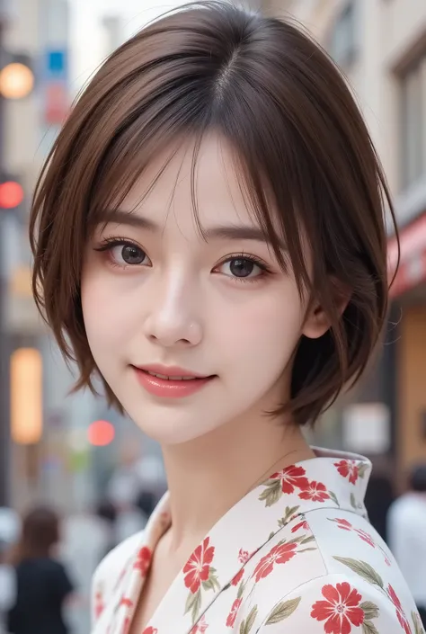 photorealistic Japanese woman、18 years old、shortcut、Touching your hair、overview、geta、Flower pattern kimono、festival