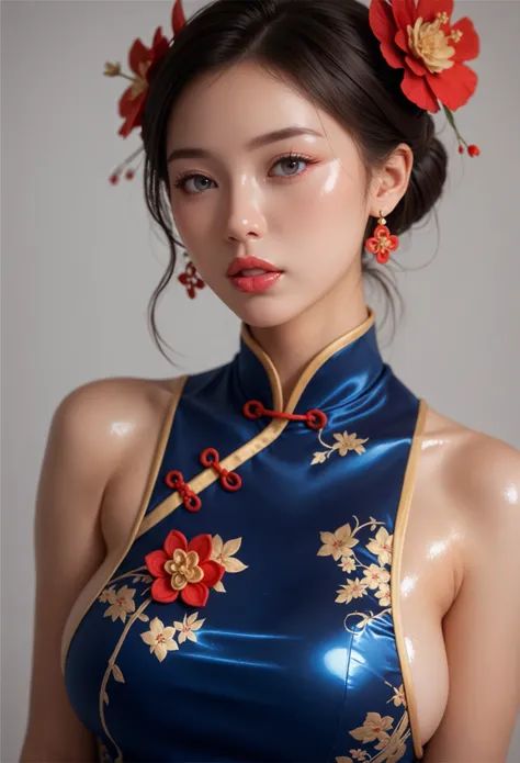1 girl, upper body, Fashionable Girl , China Dress ,Chinese clothes,hair flower,(masterpiece:1.4),( top quality:1.4),(shiny skin), red lips, watching viewers, Big Breasts,Open lips