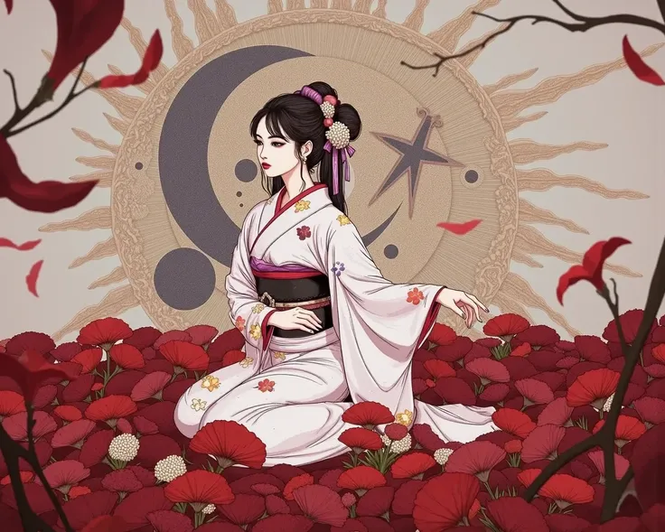 Seductive woman in kimono、dark eyes、long hair、anatomically perfect、beautifully and accurately depicted fingers、accurately depicted toes、Crimson petals dancing beautifully、The background is a complex geometric pattern using circles and triangles、abstract digital art、Surrealism、Ultimate Curvy 、Fantastic Fantasy Artwork、Octane Rendering、 Abstract Artwork、Fine and dynamic expression、Extremely complex and super detailed、best quality、high image quality、masterpiece、8K、high precision、absurd、