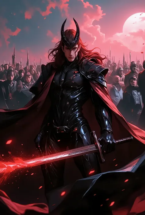 a knight man in middle age, flowing long red hair, black cosmic armor, full body, helmet with cosmic horns matching with black armor, strong confident pose, dramatic sunlight touching the armor in the battlefield, a long sword filled with cosmic energy, me...
