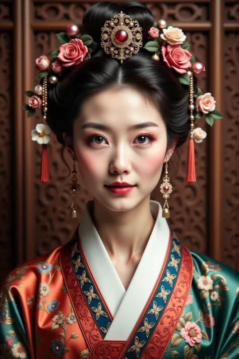Queen of Korea wearing a hanbok,Aristocrat figure,detail, beautiful and noble appearance,classical court atmosphere,court ceremony scene, colorful colors and patterns, exquisite handicraft detailed description, ultra-realistic high-resolution, Masterpiece, traditional art style illustration, high-precision detail,HDR,vibrant colors,traditional court atmosphere