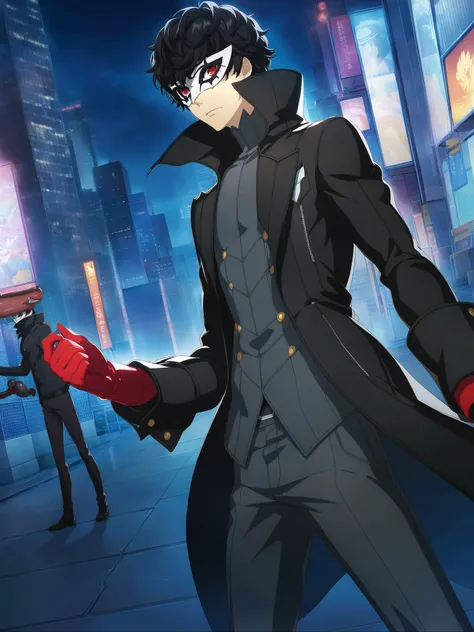 Joker, black hair, short hair, Red Eyes, mask, High Collar, Black Coat,  dark gray shirt, long sleeve,   pants, red gloves, 1 boy,  for men, solo
BREAK
cityscape, district,  night , depth of field, dildos carrying, game CG, Screenshot of the anime, Officia...