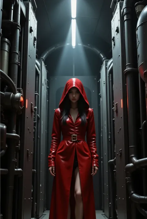 A mysterious figure stands in a futuristic chamber, surrounded by red, capsule-like structures. She is dressed in a striking red hooded coat with a glossy finish. The setting is dimly lit, with a central beam of light illuminating the room from above, cast...