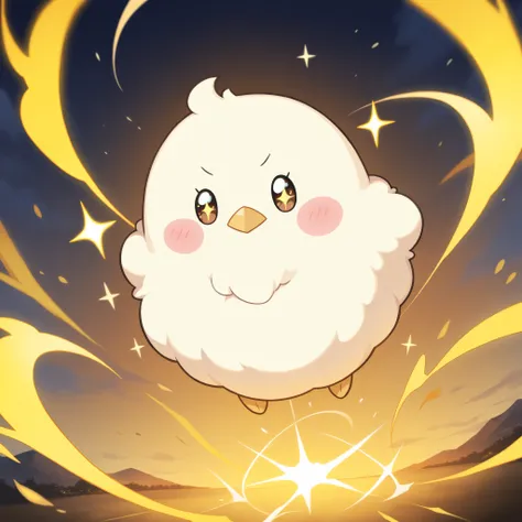 Masterpiece,Best quality, ultra detailed,Japanese Anime style, (pure golden sparrow mascot) , golden body,round body, fluffy body,simple face, cute appearance, ((His body was sparkling, his body was surrounded by a golden aura)), outdoor