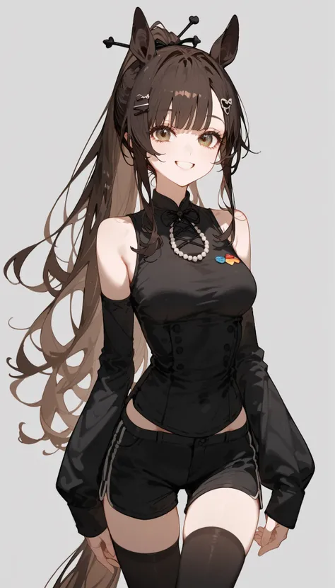 Alone ,girl,brown hair,In rainbow eyes,long hair,, Sleeveless Top, Sleeveless Top,Black suit,,shorts,good figure,Slim legs,Milf,Beaded Hair,gray background,medium breasts,shorts,front view, Black hair,Horse ears, has a tail ,black tights,Black Lining Shirt...