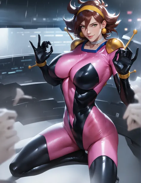 Rain Mikamura , Yellow Headband , perfect hand in h , perfect fingers , perfect anatomy , masterpiece , best quality , realistic , hyperrealistic , 16K HDR , 1 girl , big breasts , erect nipples , brown hair , medium hair , green eyes , mobile tracing suit...