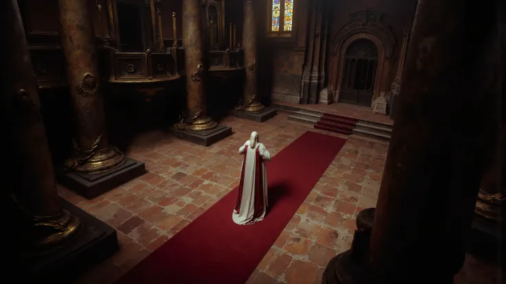 Bird's-eye view,Pillar. High angle view of an empty cathedral. The central red carpet,leads to a set of steps. tall, with ornate columns forming a scene, Soft ambient light passing through stained glass windows. Soft lighting creates a calm and solemn ...