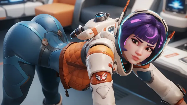 (pov: Behind), 1girl, Juno (overwatch 2), short hair, brown eyes, curvy waist, skinny, butt, small, bent over, big butt, exposed , Embarrassed, ass, jn0, space suit, purple hair, stretching, big ass in the camera pov 