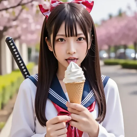 has a large red ribbon on her head,anatomically accurate hands , wears a white long-sleeved sailor suit with a red bow attached to the center of her head, carries a long Japanese sword on her shoulder, sticks out her tongue and licks soft serve ice cream,b...