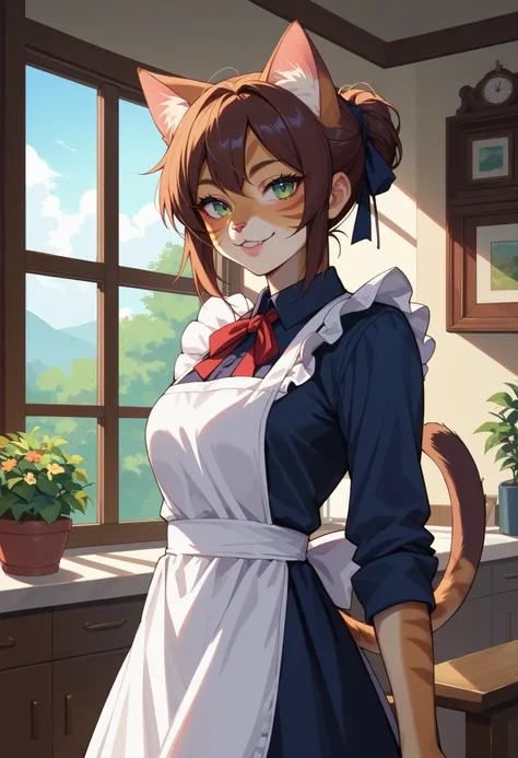 white apron, score_9, score_8_up, score_7_up, score_6_up, source_anime, beautiful face, expressive eyes, looking at viewer, solo, close-up, cowboy shot, indoors, scenery, dramatic lighting, anime screencap, seductive smile, Female Anthro_Cat Butler