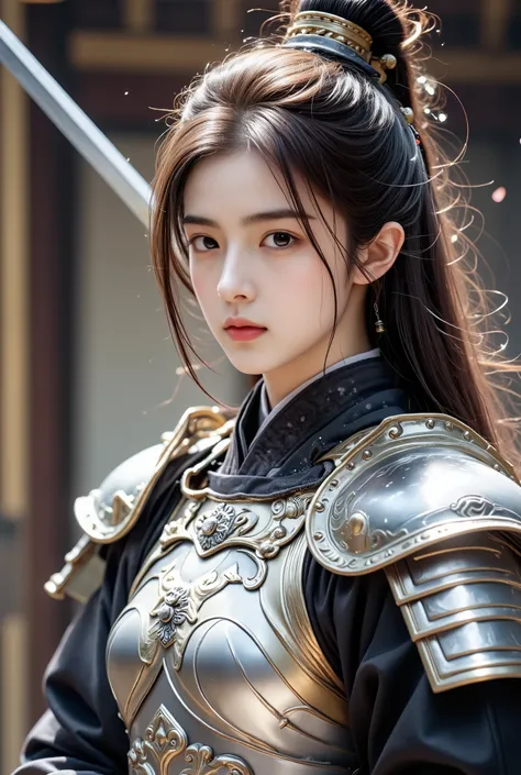 A beautiful girl, she was 20 years old, wearing the silver armor of an ancient Chinese female serf in a sword mobile, she took a man, a lover, took it in her arms wearing an ancient Chinese dress, her hair, a handsome guard.