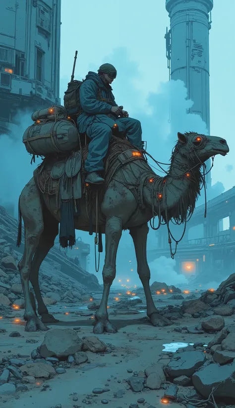 wide angle view, cyberpunk dystopian world, dominant blue color tone, fog-covered wasteland filled with rubble and broken structures, (gigantic cyberpunk pillars towering into the sky), eerie atmosphere, scattered debris glowing faintly with neon light, wo...