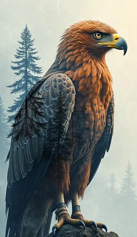 "Double exposed full length portrait of an insanely majestic King German Eagle with forest landscape and thunderstorm, luminous forest landscape", JK Russ Mills, CGSociety, Minjae Lee Chalida Mingmalee, Anna Dittmann, Jordan Grimmer, Splash Art, Reverse Graffiti, by Alex Maleev, Yoji Shinkawa 88 light brown, blue and brown details|