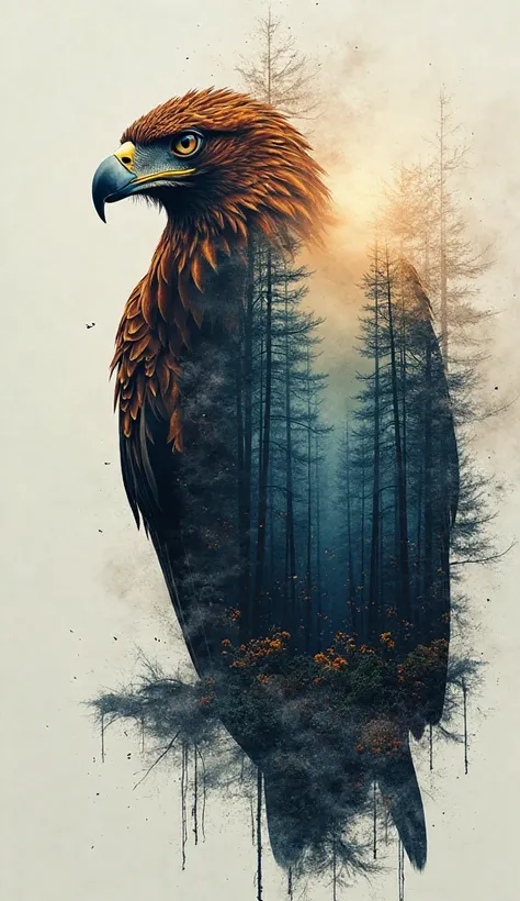 "Double exposed full length portrait of an insanely majestic King German Eagle with forest landscape and thunderstorm, luminous forest landscape", JK Russ Mills, CGSociety, Minjae Lee Chalida Mingmalee, Anna Dittmann, Jordan Grimmer, Splash Art, Reverse Graffiti, by Alex Maleev, Yoji Shinkawa 88 light brown, blue and brown details|
