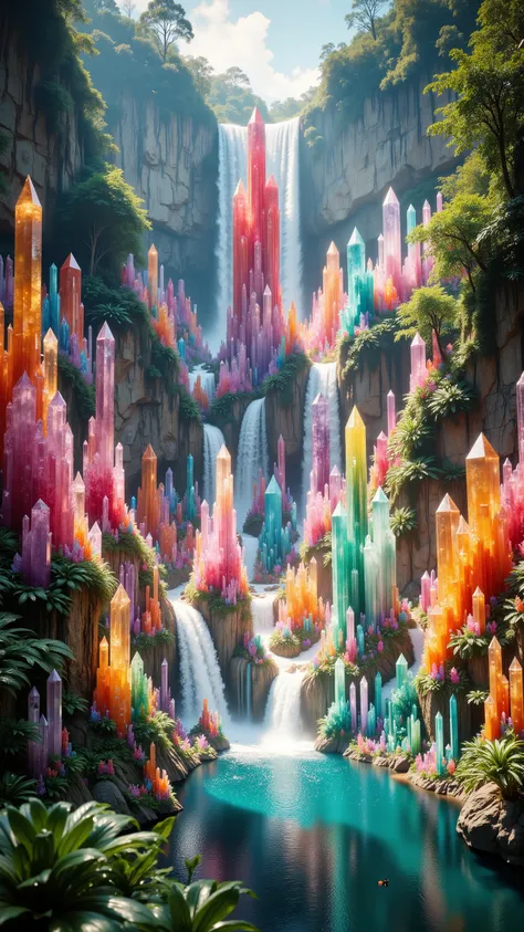 . A cliff that is 300 feet tall made up of gigantic quartz crystal points that are multicolored translucent pillars in a tropical rainforest. In the middle of these skyscraper sized quartz crystals is an incredible gushing cascading waterfall that pours do...