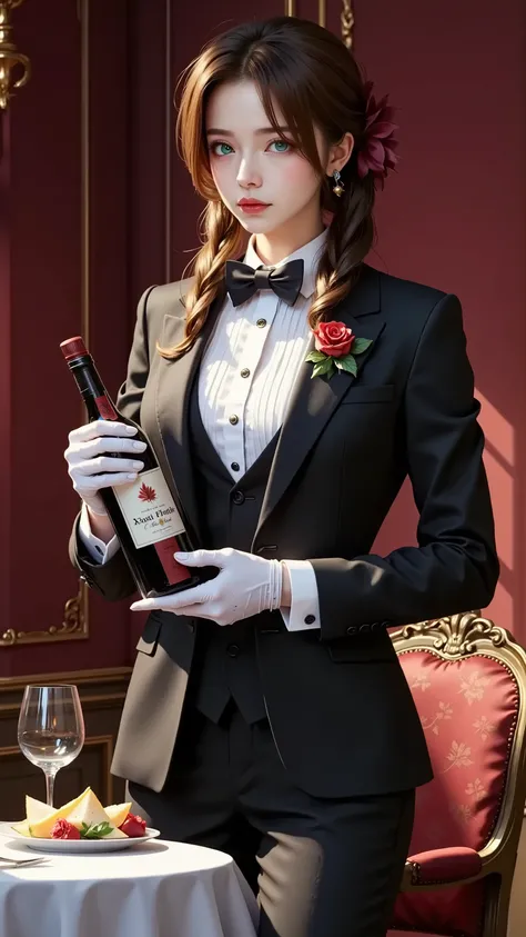 (1girl,Butler serving a distinguished family,wearing butler’s uniform ,redbackground),wine bottle