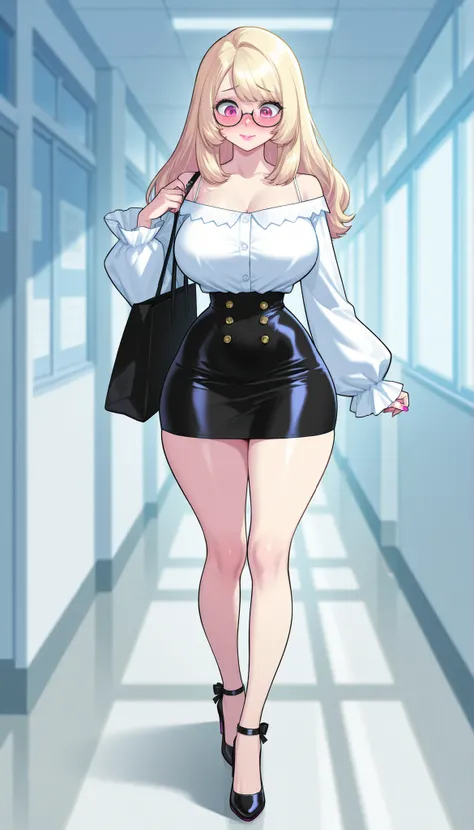 A young-adult beautiful cute woman with long silky pale-blonde hair, big pink eyes, pink lips, pink nails, extremely fair white natural skin, an extremely small waist, slightly wide round hips, slightly big breasts, and an insanely perfect hourglass figure...