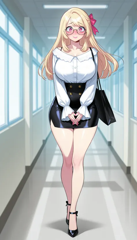 A young-adult beautiful cute woman with long silky pale-blonde hair, big pink eyes, pink lips, pink nails, extremely fair white natural skin, an extremely small waist, slightly wide round hips, slightly big breasts, and an insanely perfect hourglass figure...