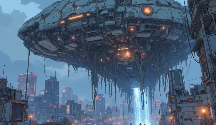high-angle perspective, vast and luminous cyberpunk cityscape below, bathed in soft blue and violet hues, towering skyscrapers with warm scattered lights, above the city floats a colossal ancient ruin, appearing as if made from countless stone-like blocks,...